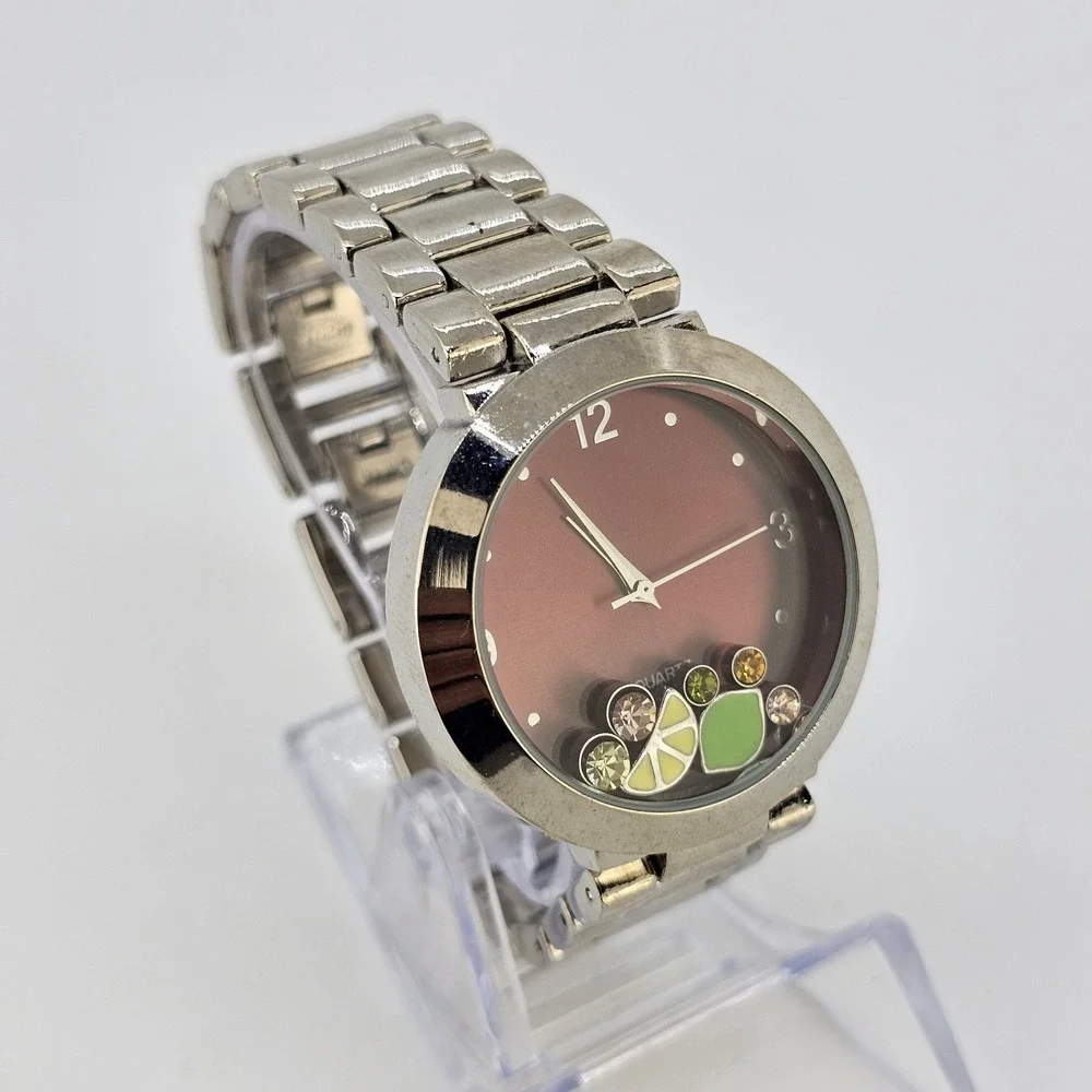 Women Watch 38MM Burgundy Dial Charms on Dial Gray Metal Bands 6.5